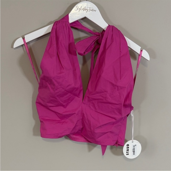 Staud Kai Top Peony Pink Crisscross Halter Shirt Cotton Sleeveless Sz 10 NEW - Picture 4 of 11